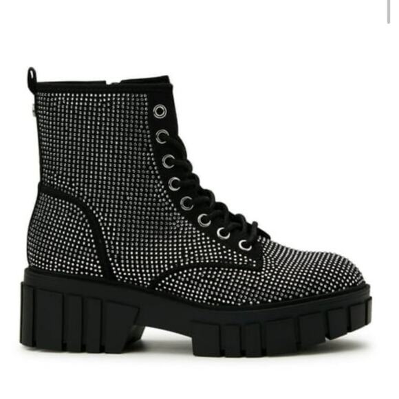 Steve Madden Black Sparkly Chunky Heel Combat Boot Lace Up Size 8 Goth Grunge - Picture 1 of 12